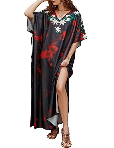 Ethnic Print Long Beach Kaftan for Women V-Neck Cover Up