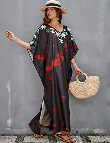 Ethnic Print Long Beach Kaftan for Women V-Neck Cover Up