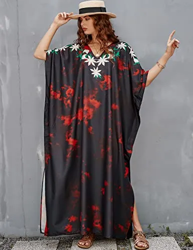 Ethnic Print Long Beach Kaftan for Women V-Neck Cover Up