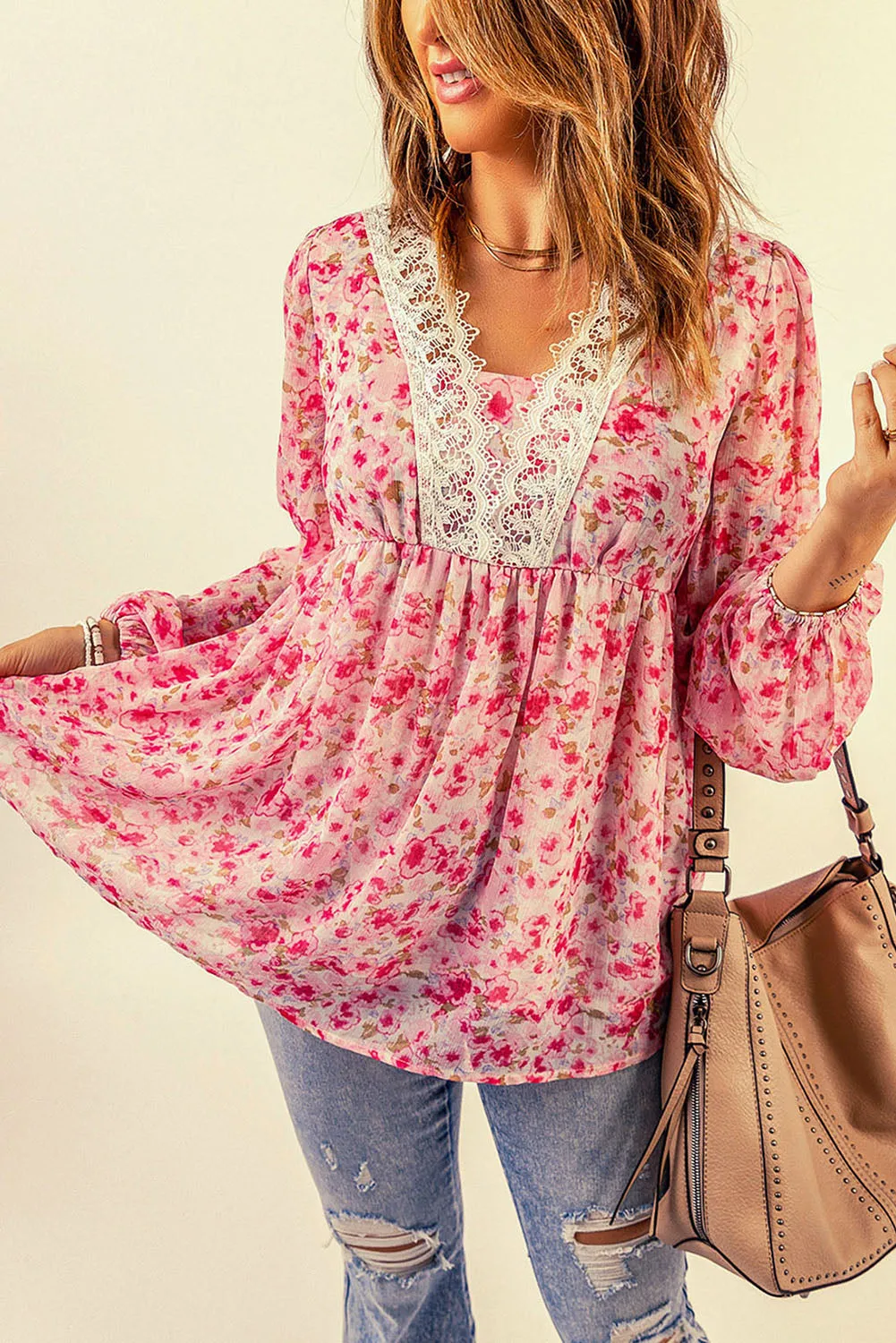 Floral Lace Trim Boho Blouse