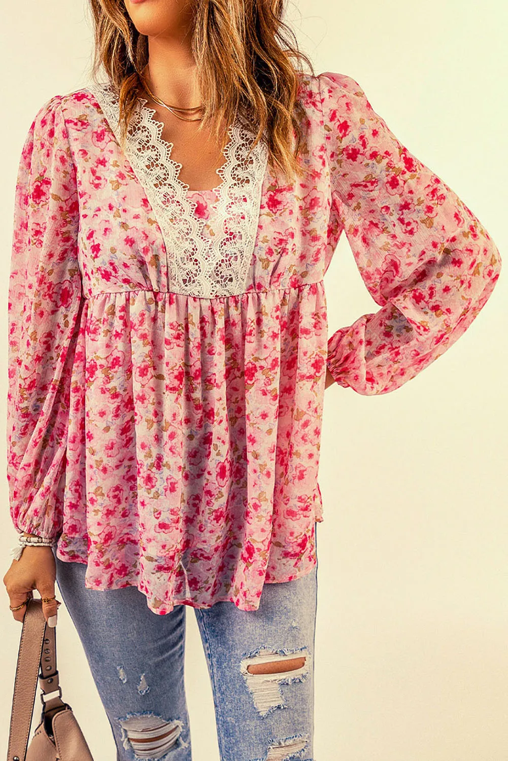 Floral Lace Trim Boho Blouse