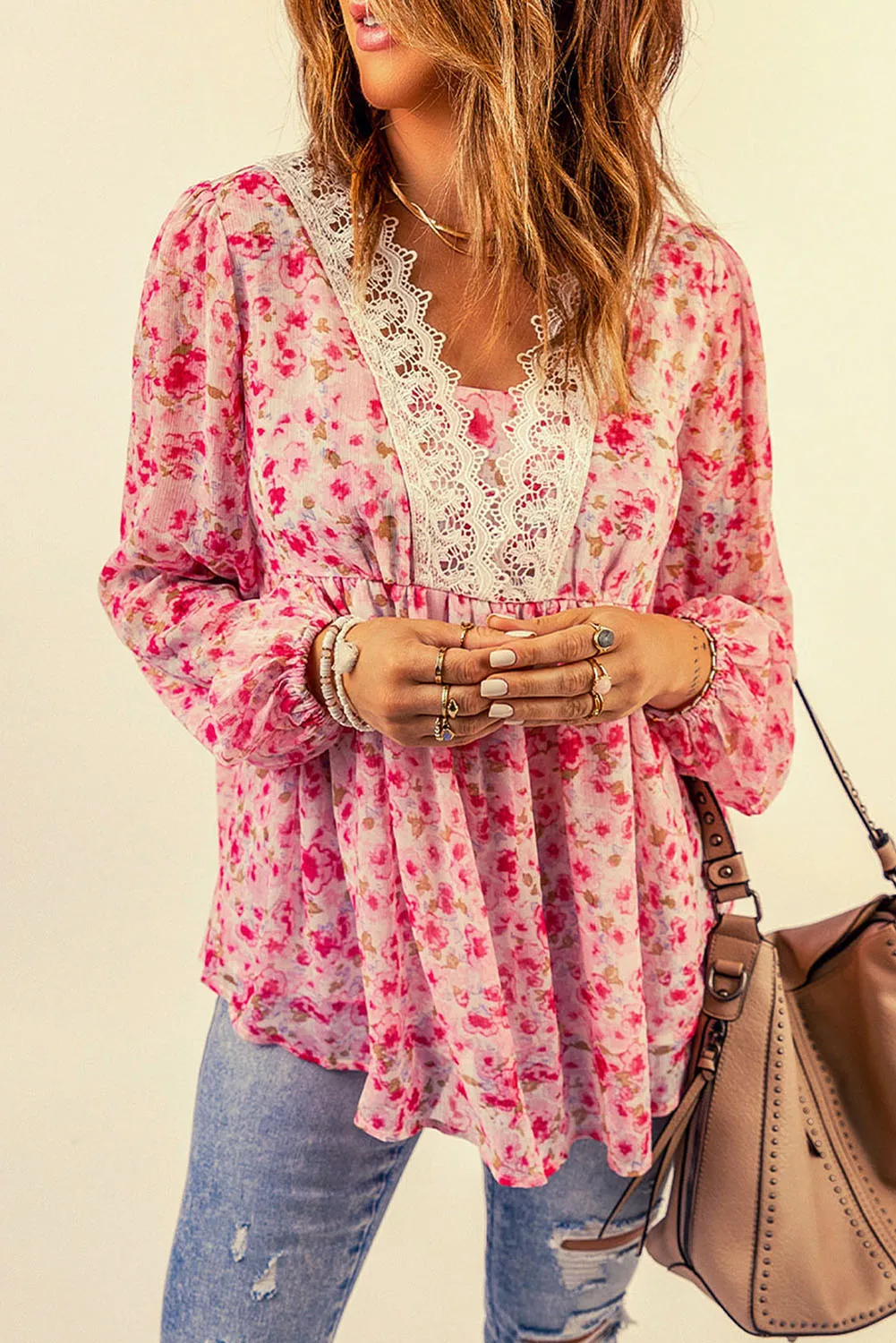 Floral Lace Trim Boho Blouse