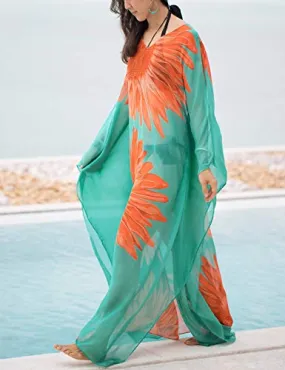 Flower Print Plus Size Beach Kaftan Dress: Side Split Cover Up