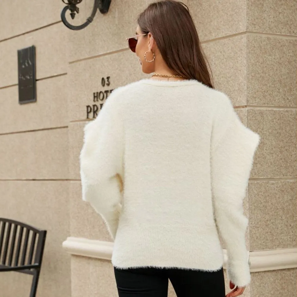 Fluffy Pearl Button Puff Sleeve V Neck White Mohair Eyelash Knit Cardigan