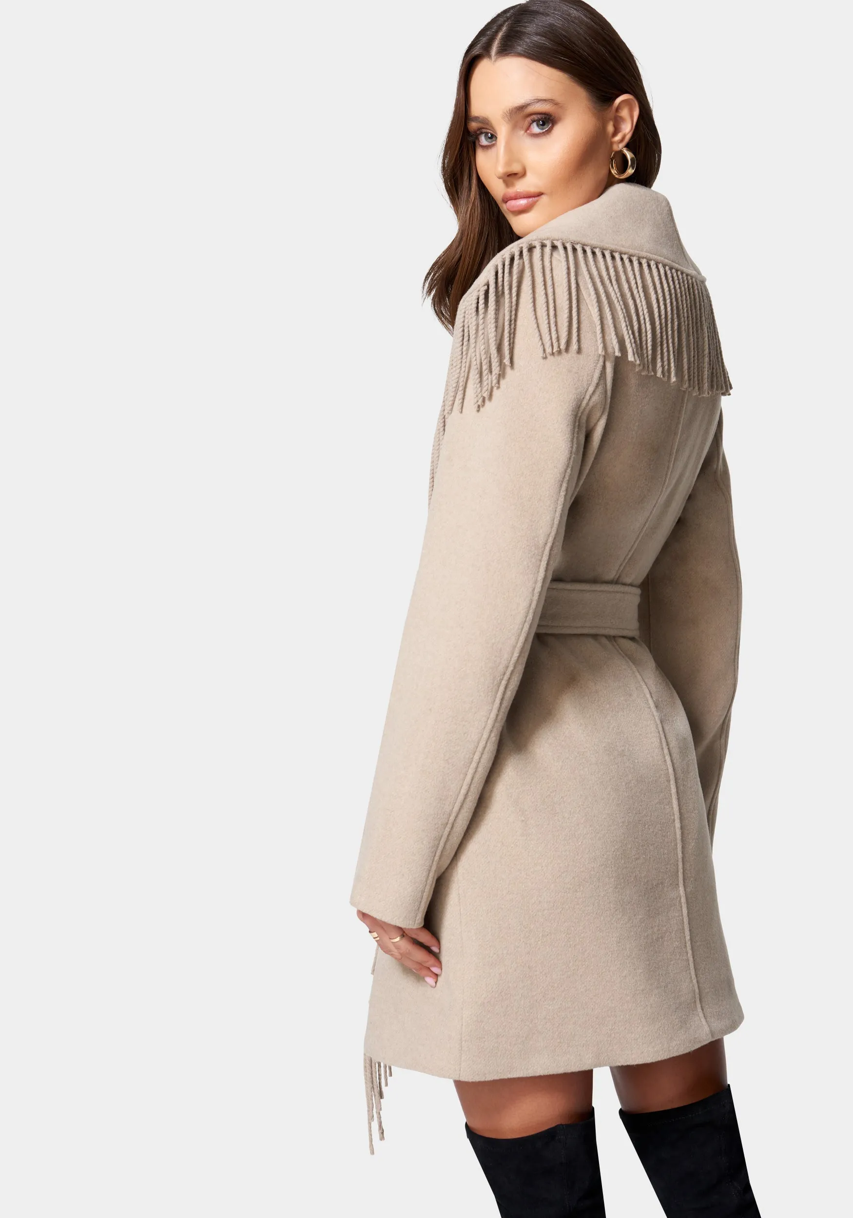 Fringe Detail Tie Waist Wrap Coat