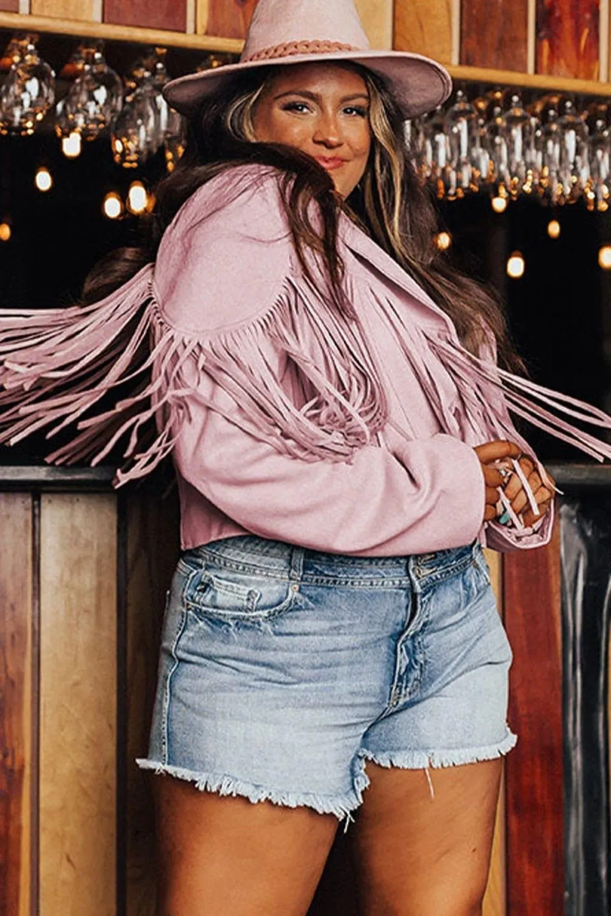 Fringe Plus Size Cropped Jacket Pink