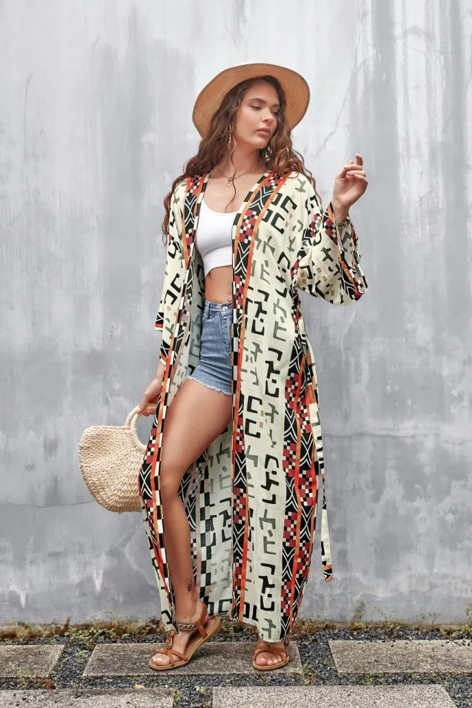 Geometric Print Swimwear Kimono Cardigan