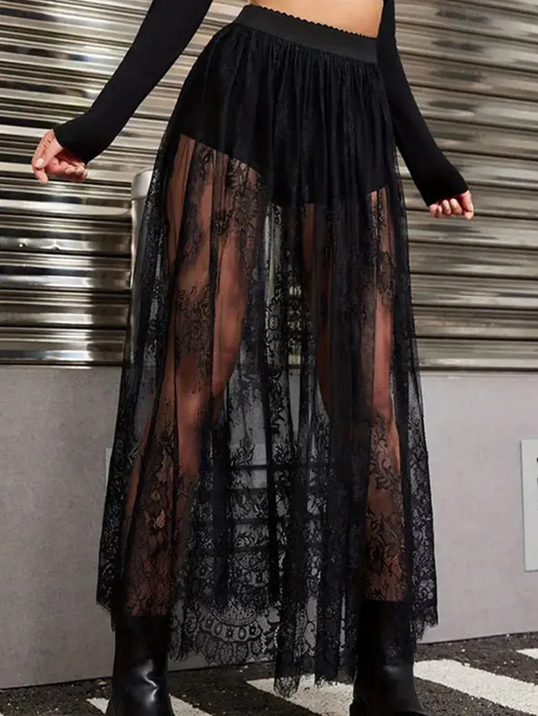 Gothic Long Skirts Lace Sexy Mesh Overskirt with Mini Shorts