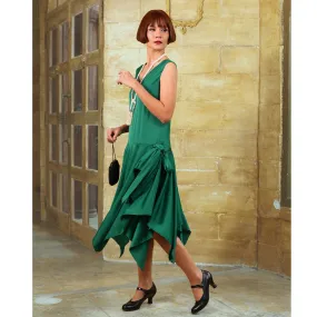 Green roaring 20s satin party dress with handkerchief skirt