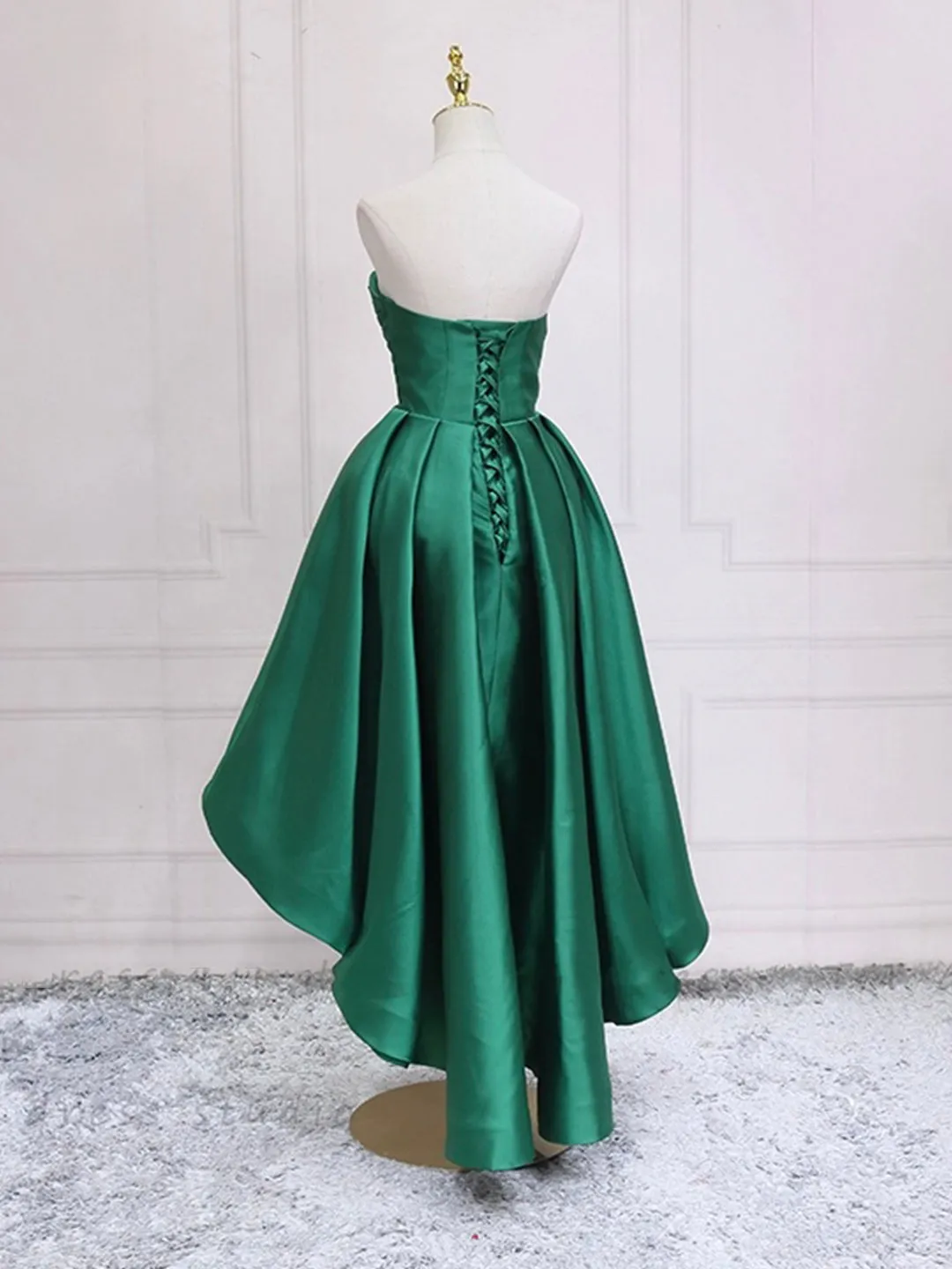 Green Satin High Low Party Dresses, Strapless Green Homecoming Dresses