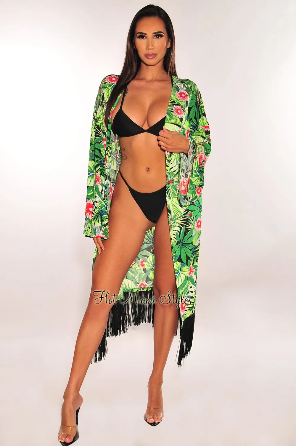 Green Tropical Print Kimono Sleeves Fringe Cover Up