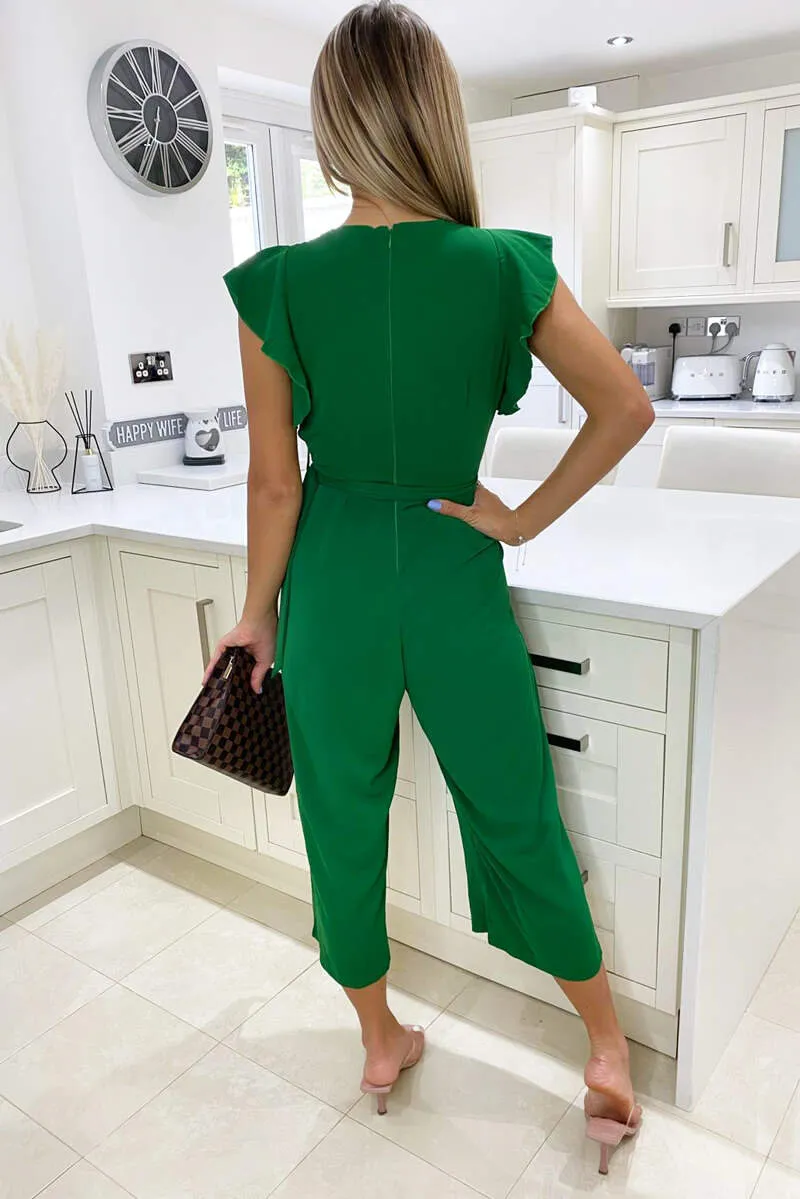 Green Wrap Front Belted Jumpsuit