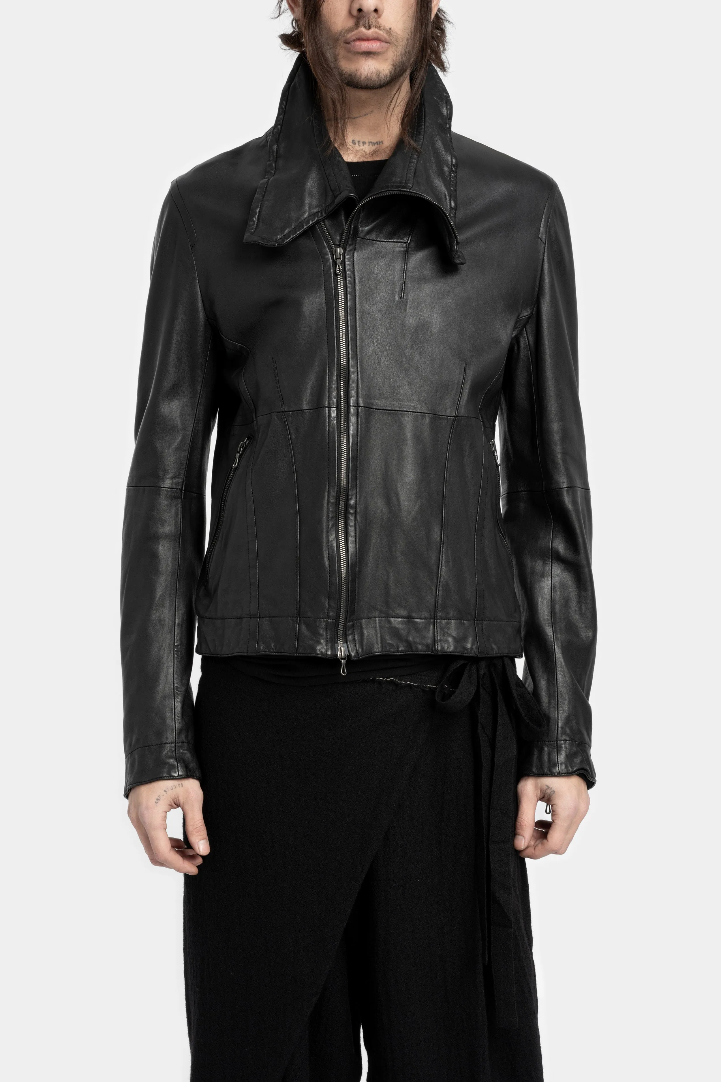 High neck cropped lamb leather jacket