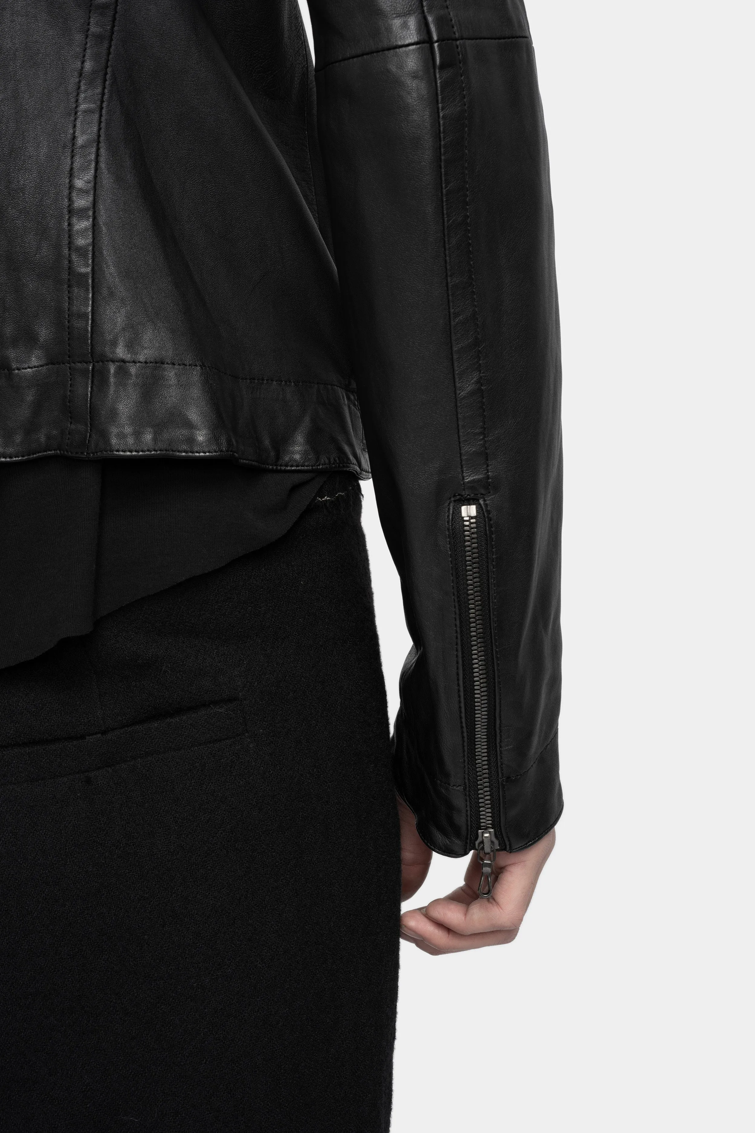 High neck cropped lamb leather jacket