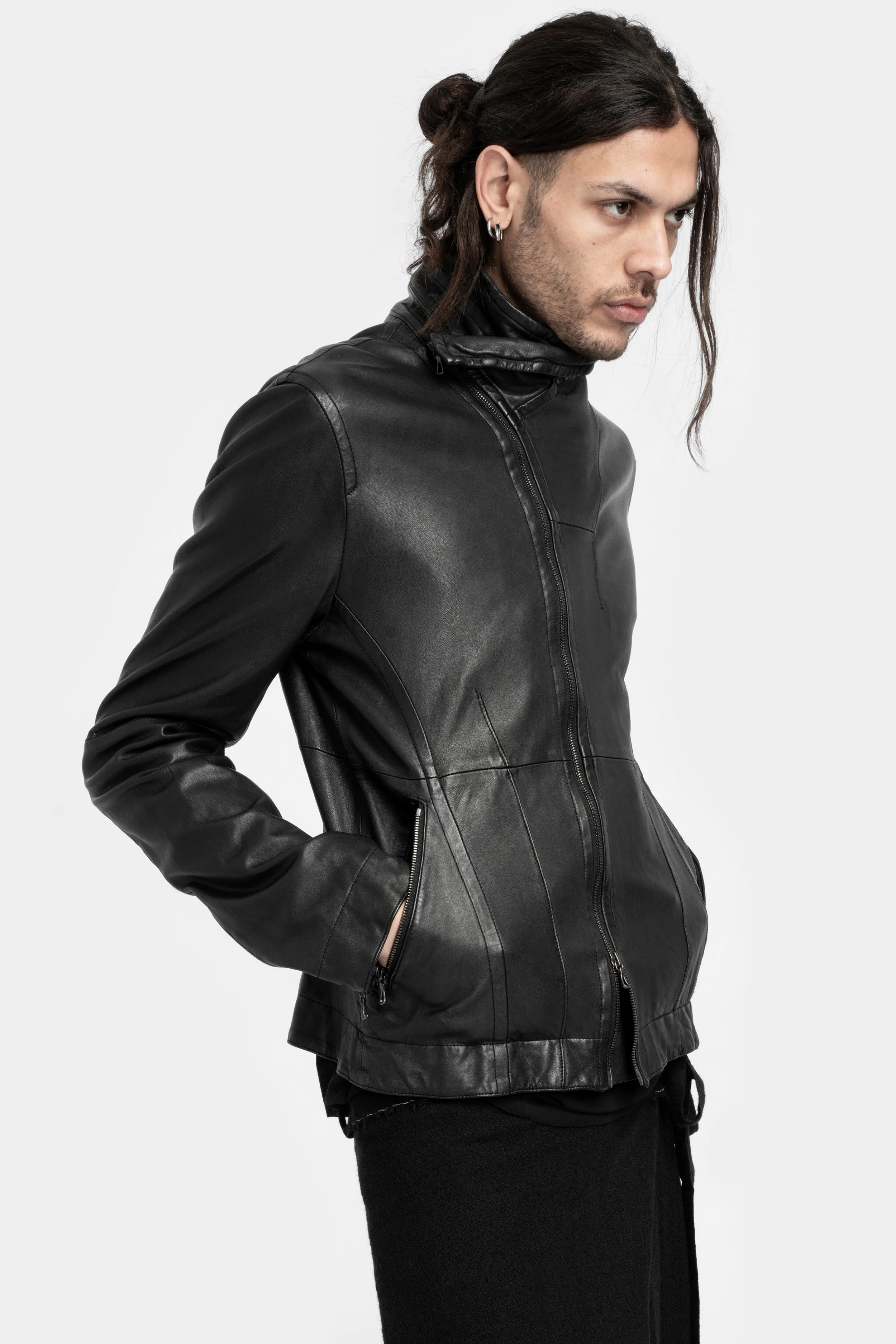 High neck cropped lamb leather jacket