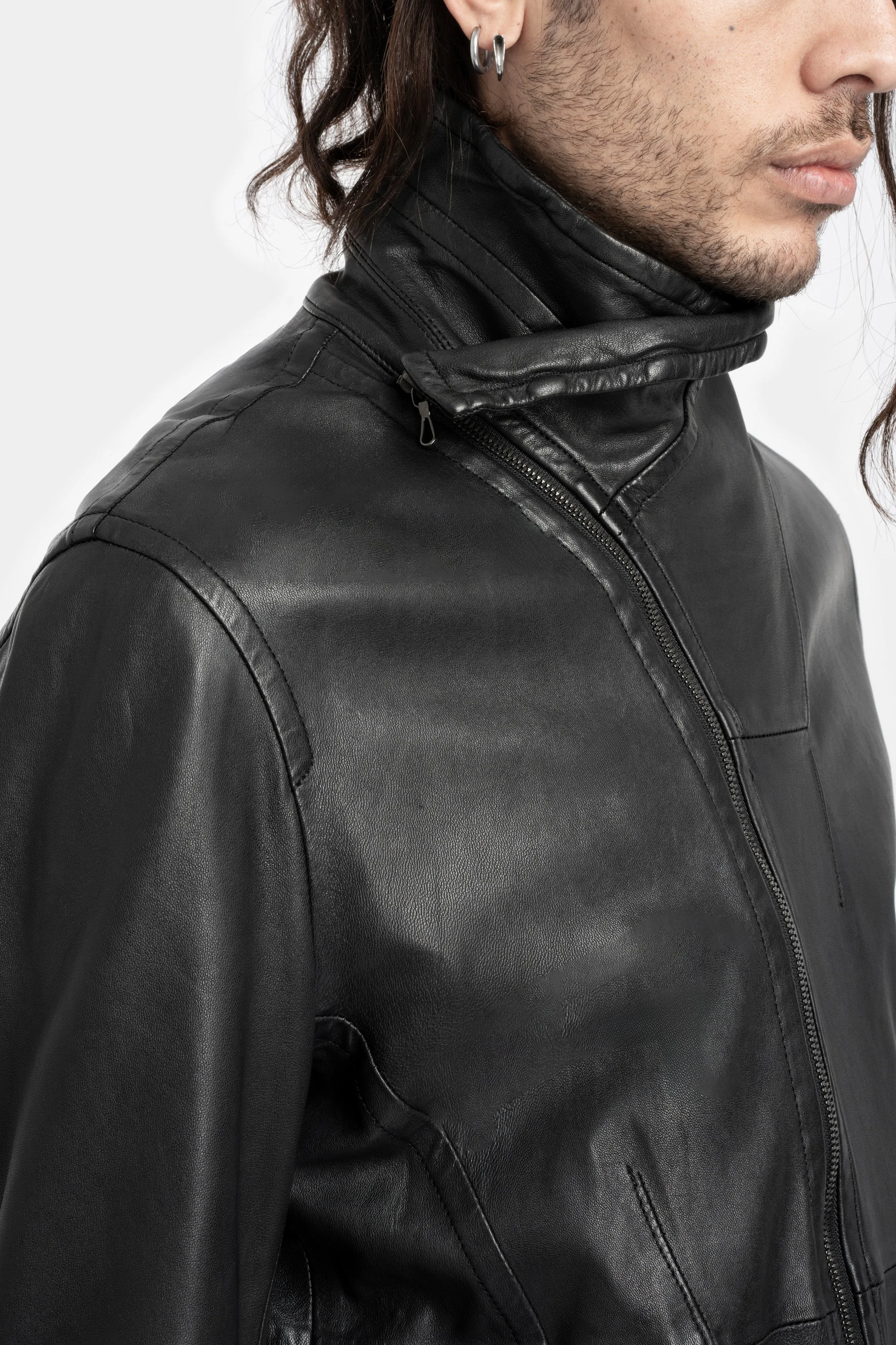 High neck cropped lamb leather jacket