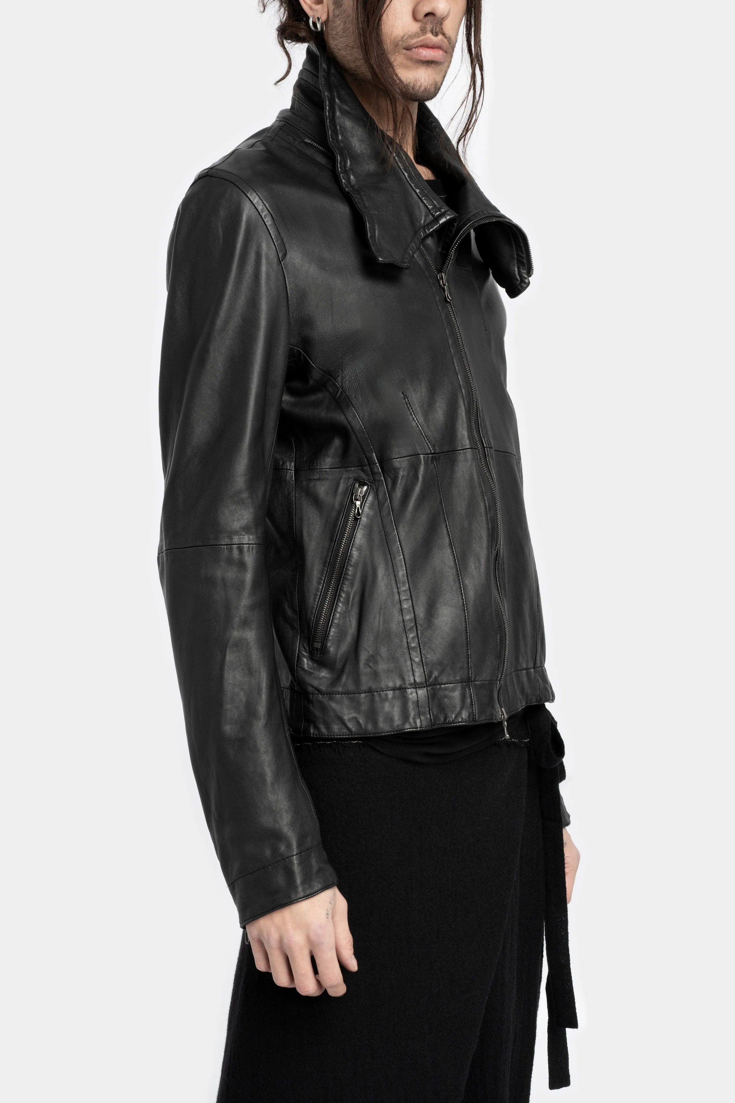 High neck cropped lamb leather jacket