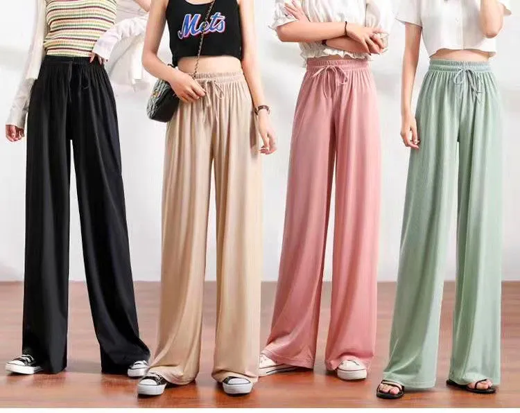 Ice Silk Floor Length Women Summer Korean High Waist Wide Leg Drape Straight Slim-Look Sporty Casual Long Pants Culottes