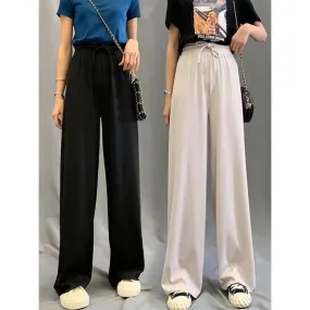 Ice Silk Floor Length Women Summer Korean High Waist Wide Leg Drape Straight Slim-Look Sporty Casual Long Pants Culottes