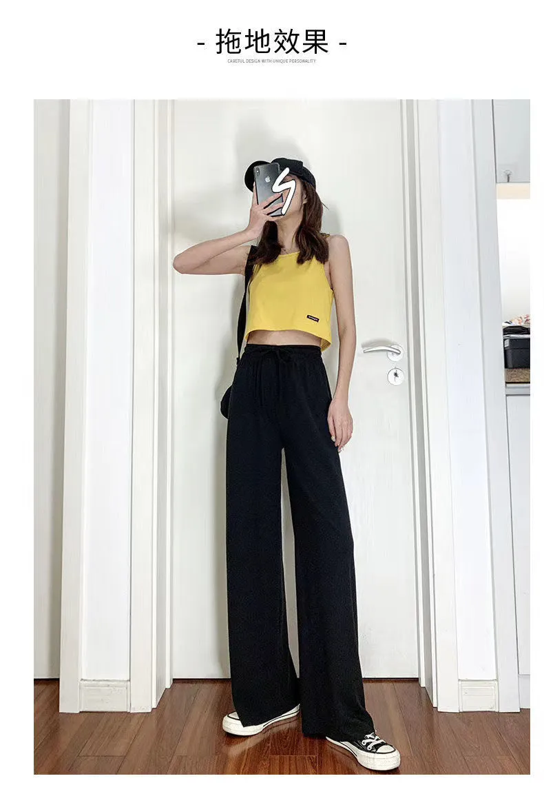 Ice Silk Floor Length Women Summer Korean High Waist Wide Leg Drape Straight Slim-Look Sporty Casual Long Pants Culottes