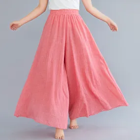 kamames Foreign Trade Mori Girl Artistic plus Size Cotton and Linen Wide Leg Culottes Elastic Waist Linen Solid Color National Style Large Swing Pantskirt