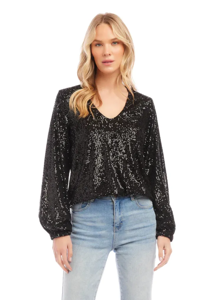 Karen Kane - Sequin L/S Blouson Top - Black