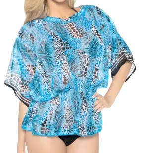 LA LEELA Chiffon Printed Bikini Cover Up Swimsuit OSFM 8-14 [M-L] Blue_731 Blue_E852