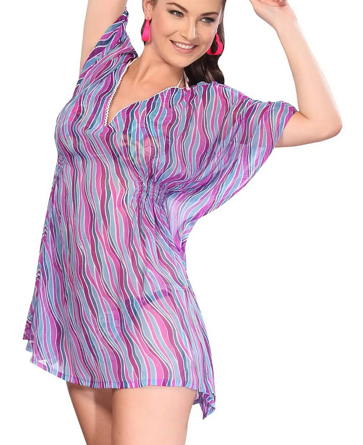 LA LEELA Chiffon Printed Loose Blouse Cover Up OSFM 8-14 [M-L] Purple_5253