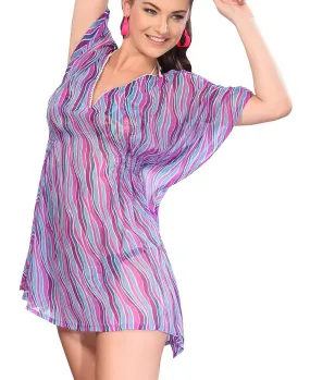 LA LEELA Chiffon Printed Loose Blouse Cover Up OSFM 8-14 [M-L] Purple_5253