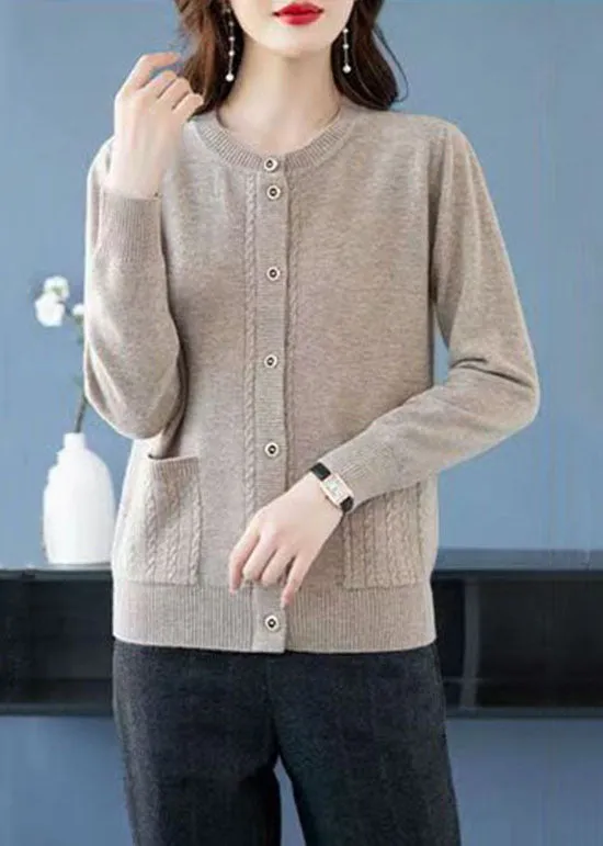 Light Camel Pockets Patchwork Wool Cardigans O-Neck Button Fall