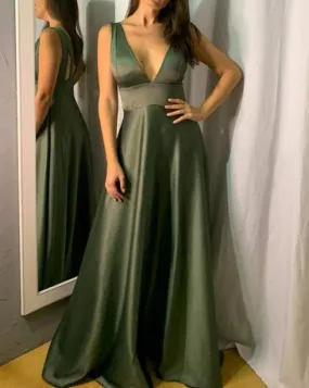 Long Satin V Neck Empire Bridesmaid Dresses A-Line Evening Dresses