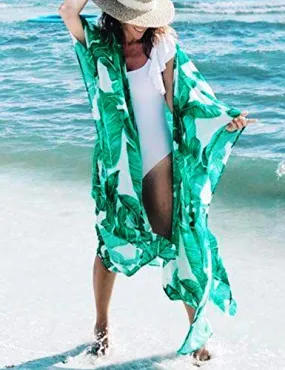 Long Sleeve Leaf Print Women's Beach Kimono Cover Up