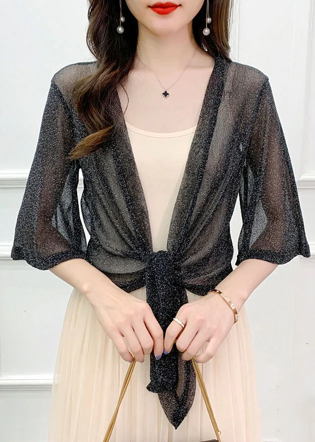 Loose Grey V Neck Lace Up Tulle Cardigans Half Sleeve AS1018