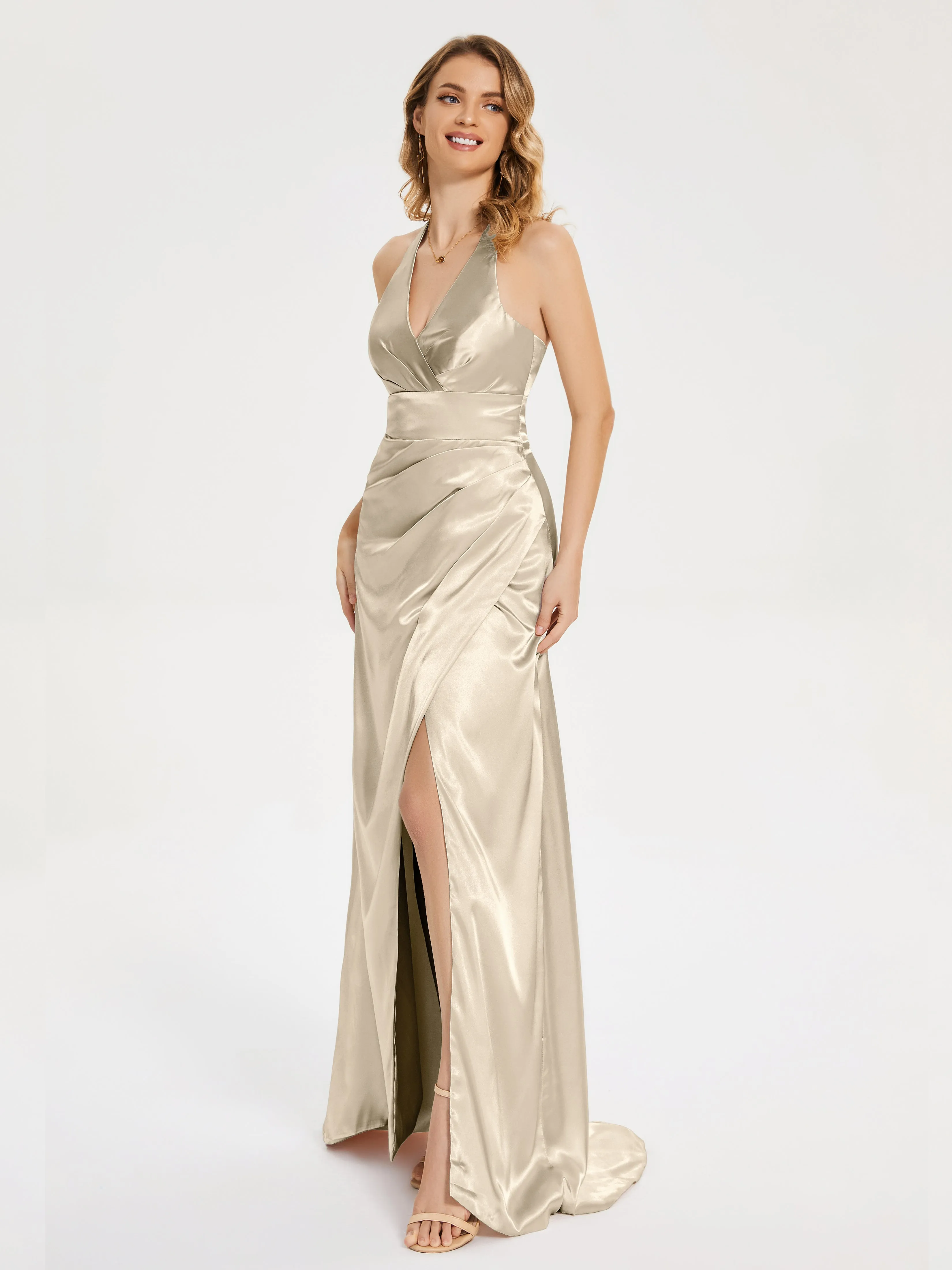 Mariana Ruched Split Soft Satin Dresses