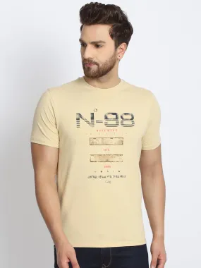 Men's Beige Printed Cotton Round Neck Tees