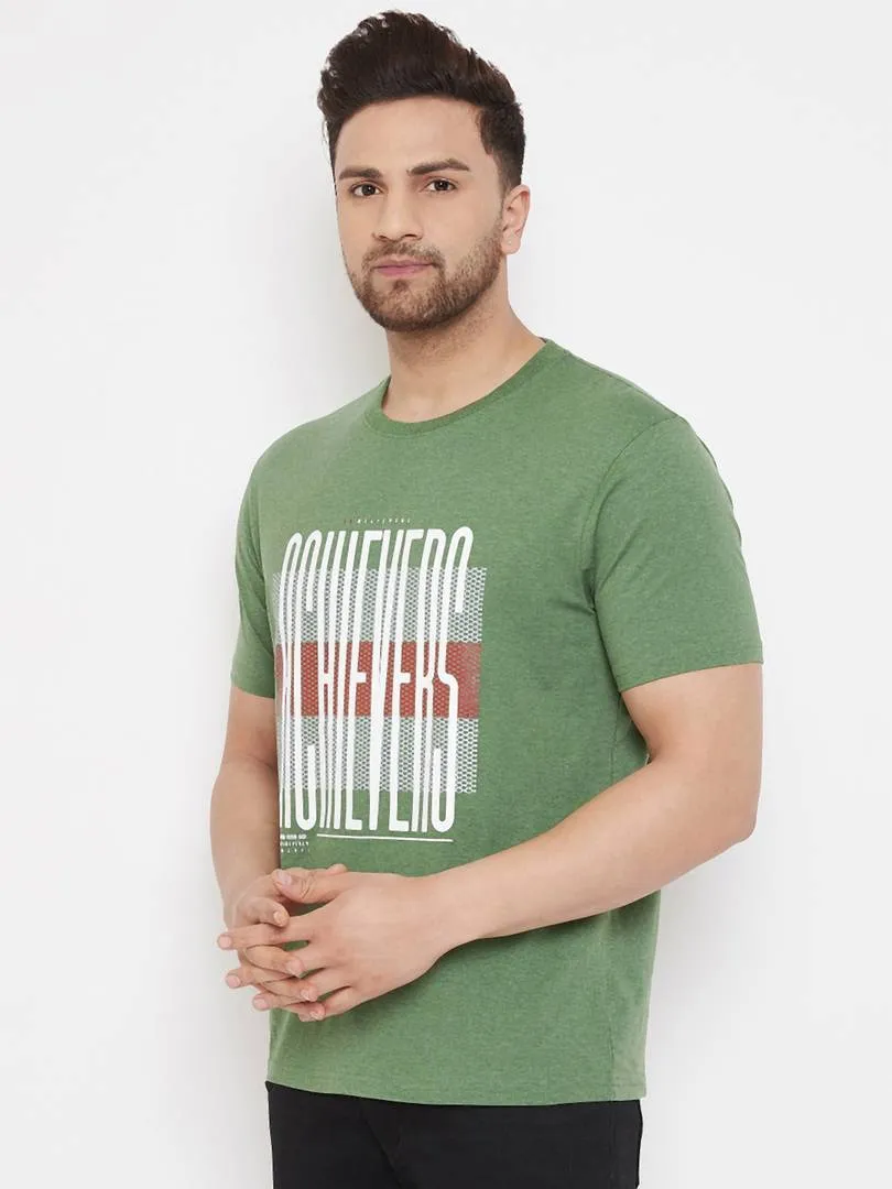 Men's Green Printed Cotton Round Neck Tees