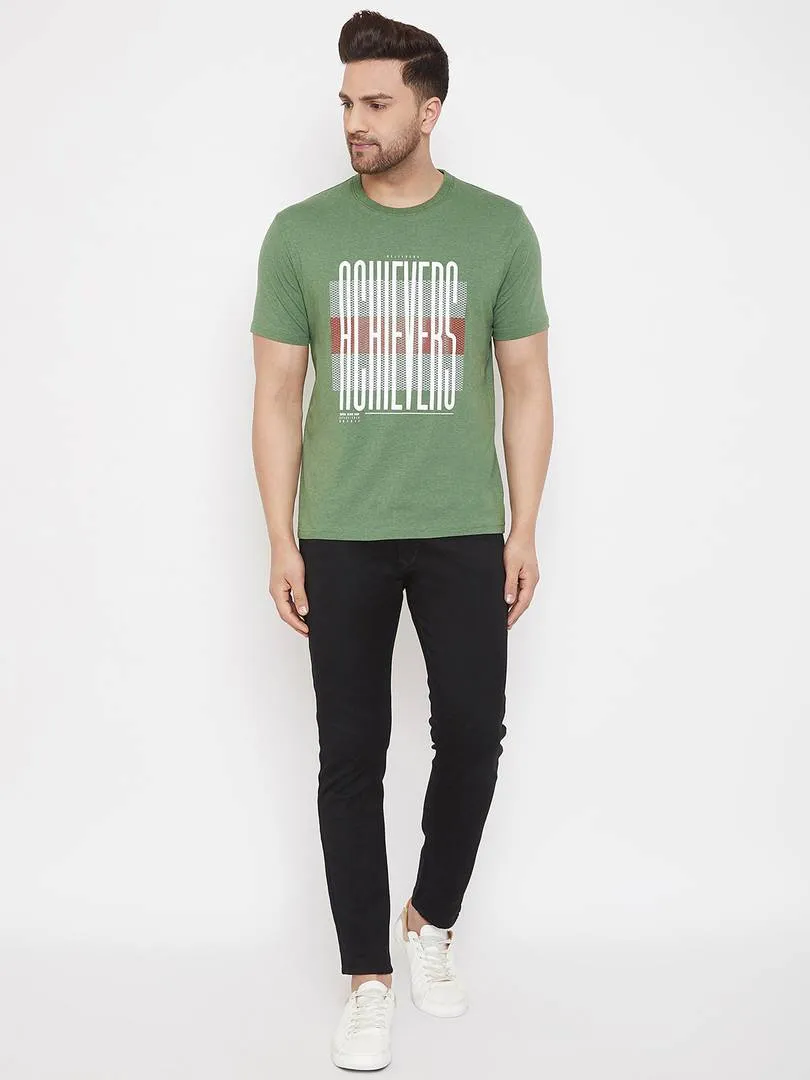 Men's Green Printed Cotton Round Neck Tees