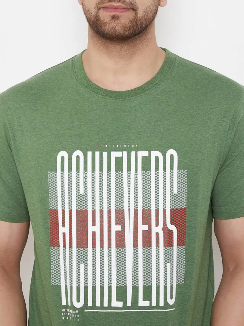 Men's Green Printed Cotton Round Neck Tees