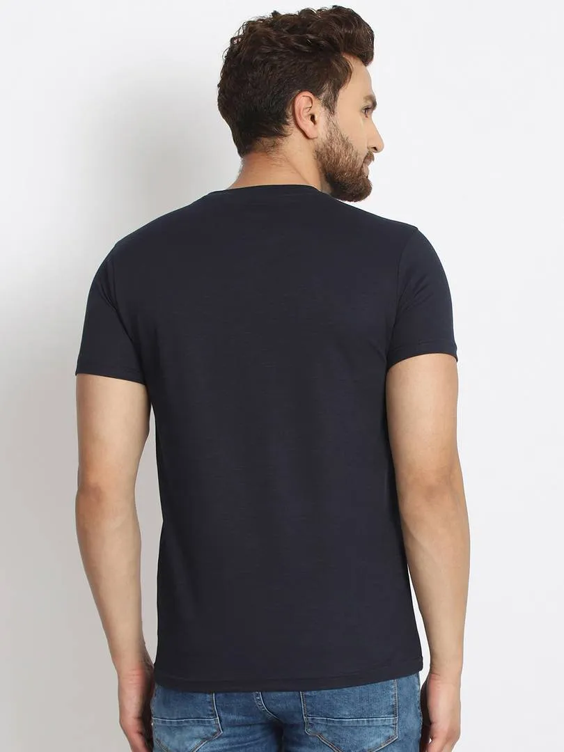 Men's Navy Blue Printed Cotton Round Neck Tees