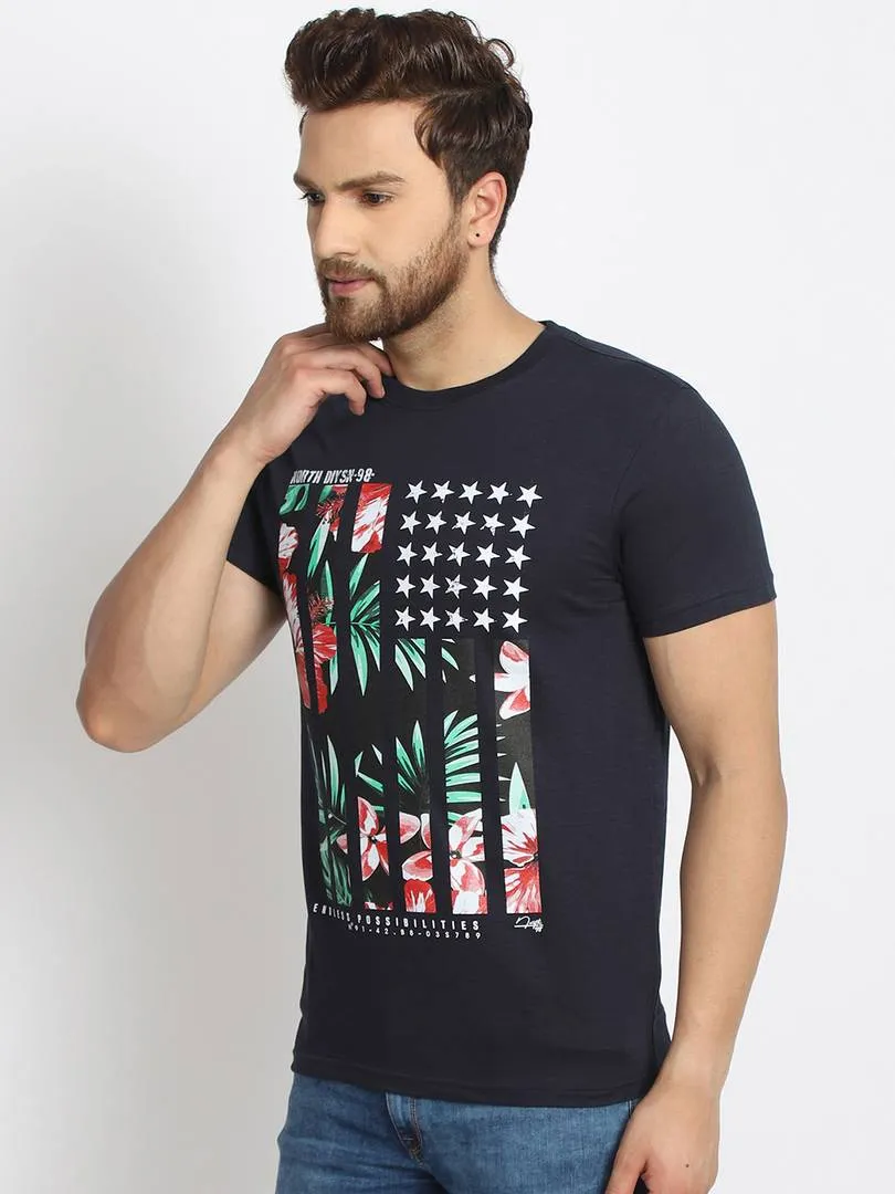 Men's Navy Blue Printed Cotton Round Neck Tees