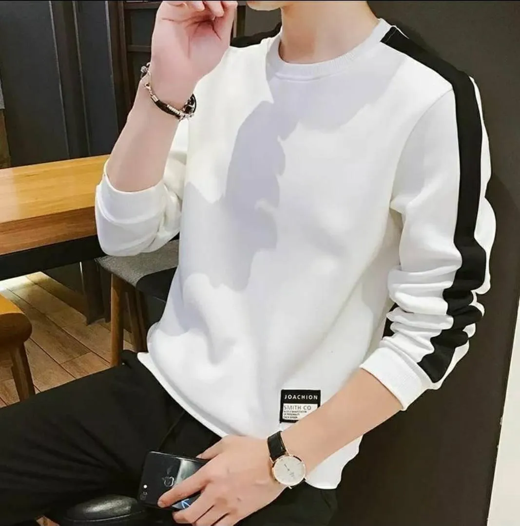 Men's White Cotton Self Pattern Round Neck Tees