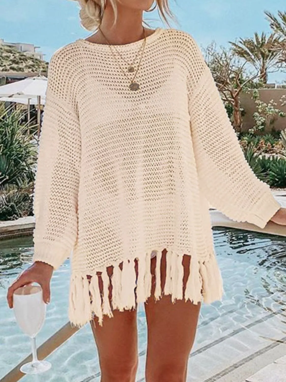 Openwork Tassel Hem Long Sleeve Knit Cover Up