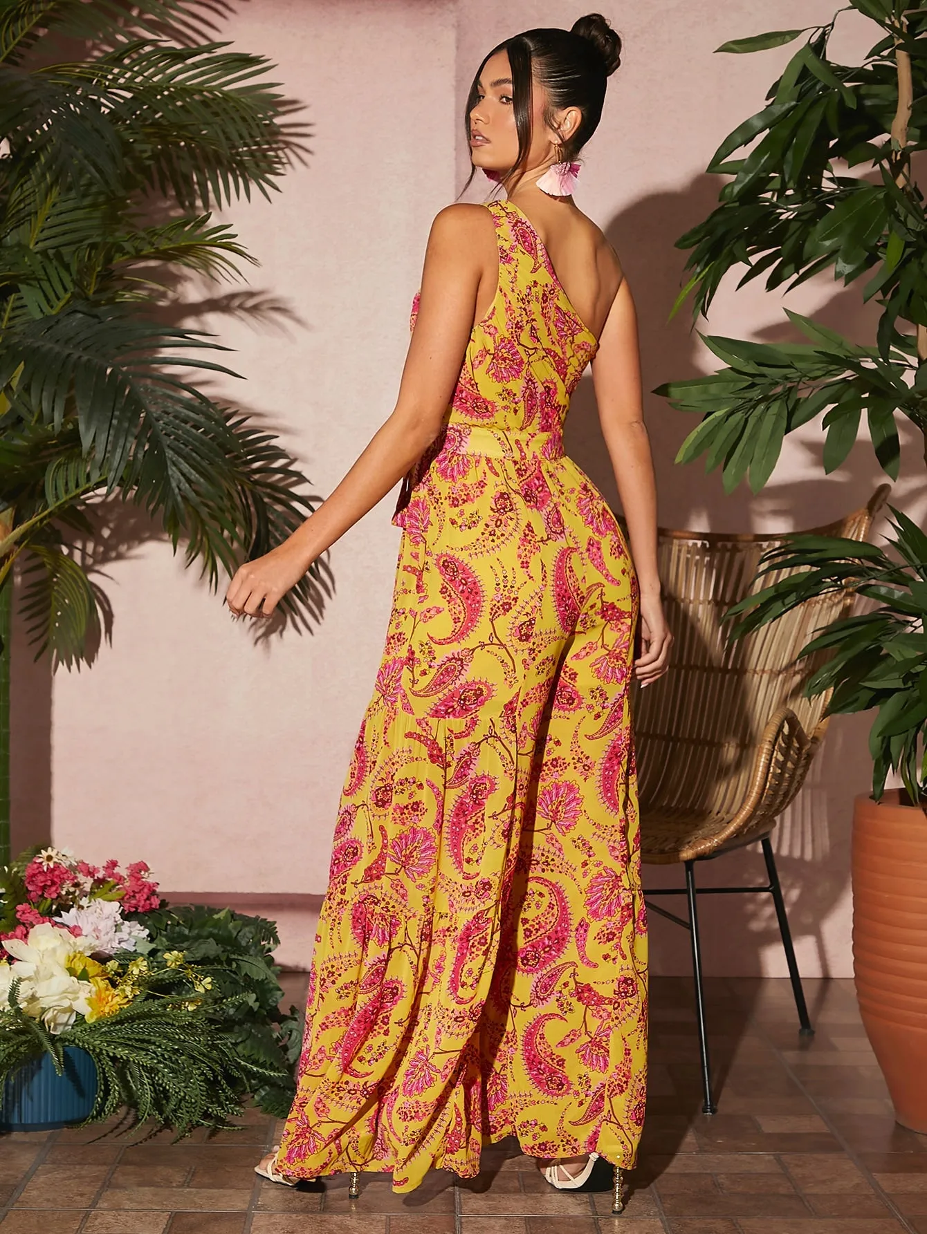 Paisley Floral Print One Shoulder Sleeveless Belted Wide Leg Jumpsuit