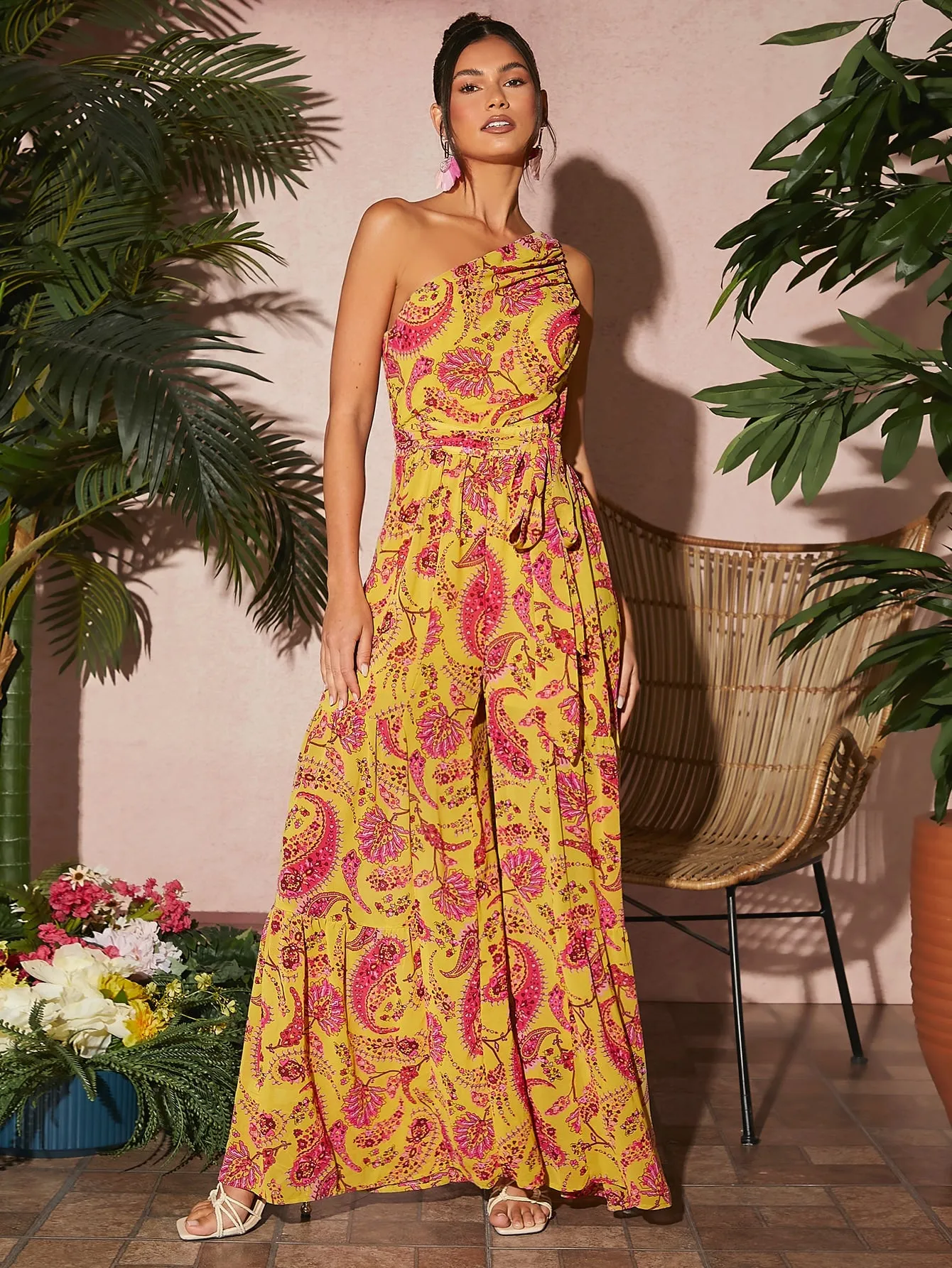 Paisley Floral Print One Shoulder Sleeveless Belted Wide Leg Jumpsuit