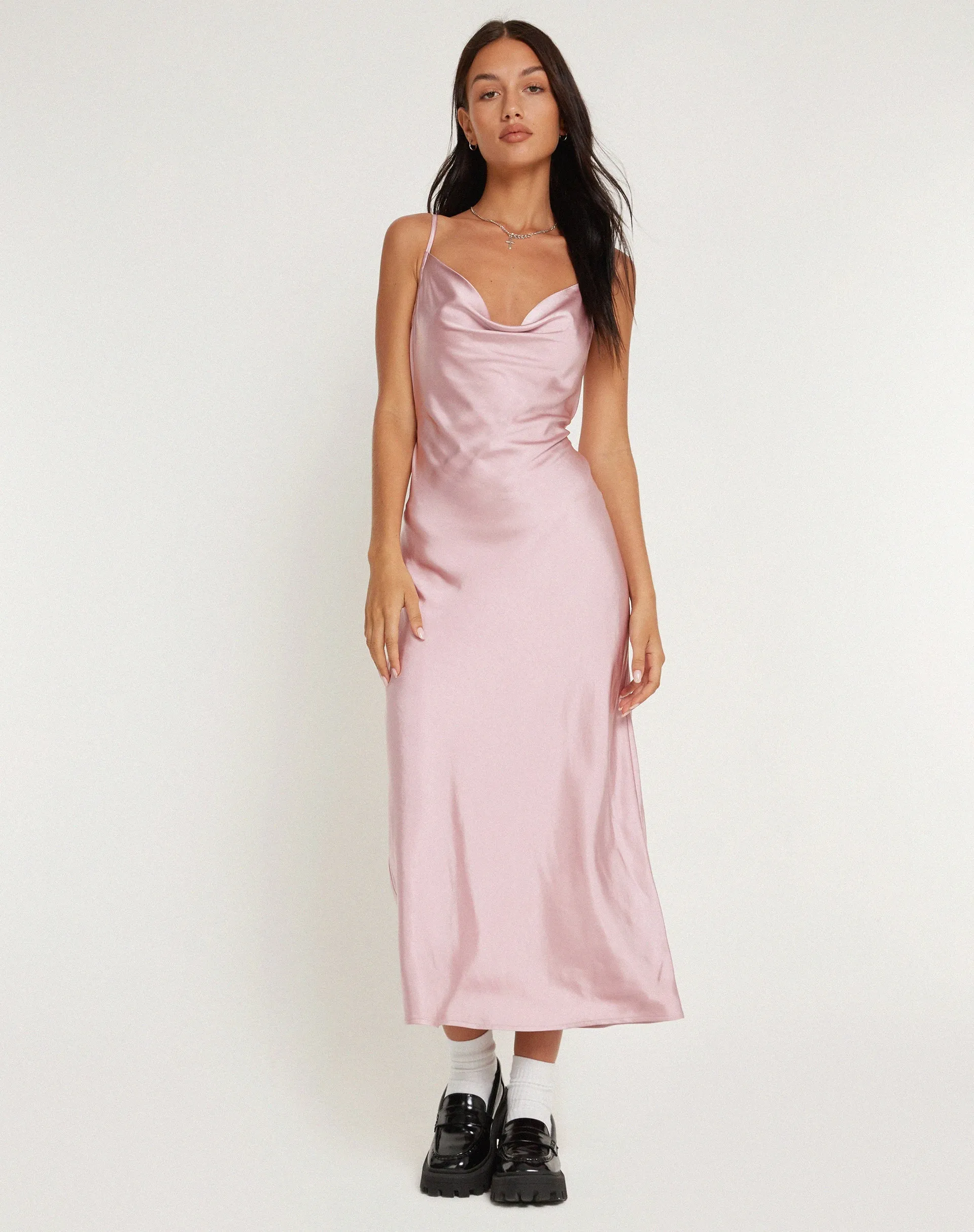 Palasha Midi Dress in Satin Dusky Pink