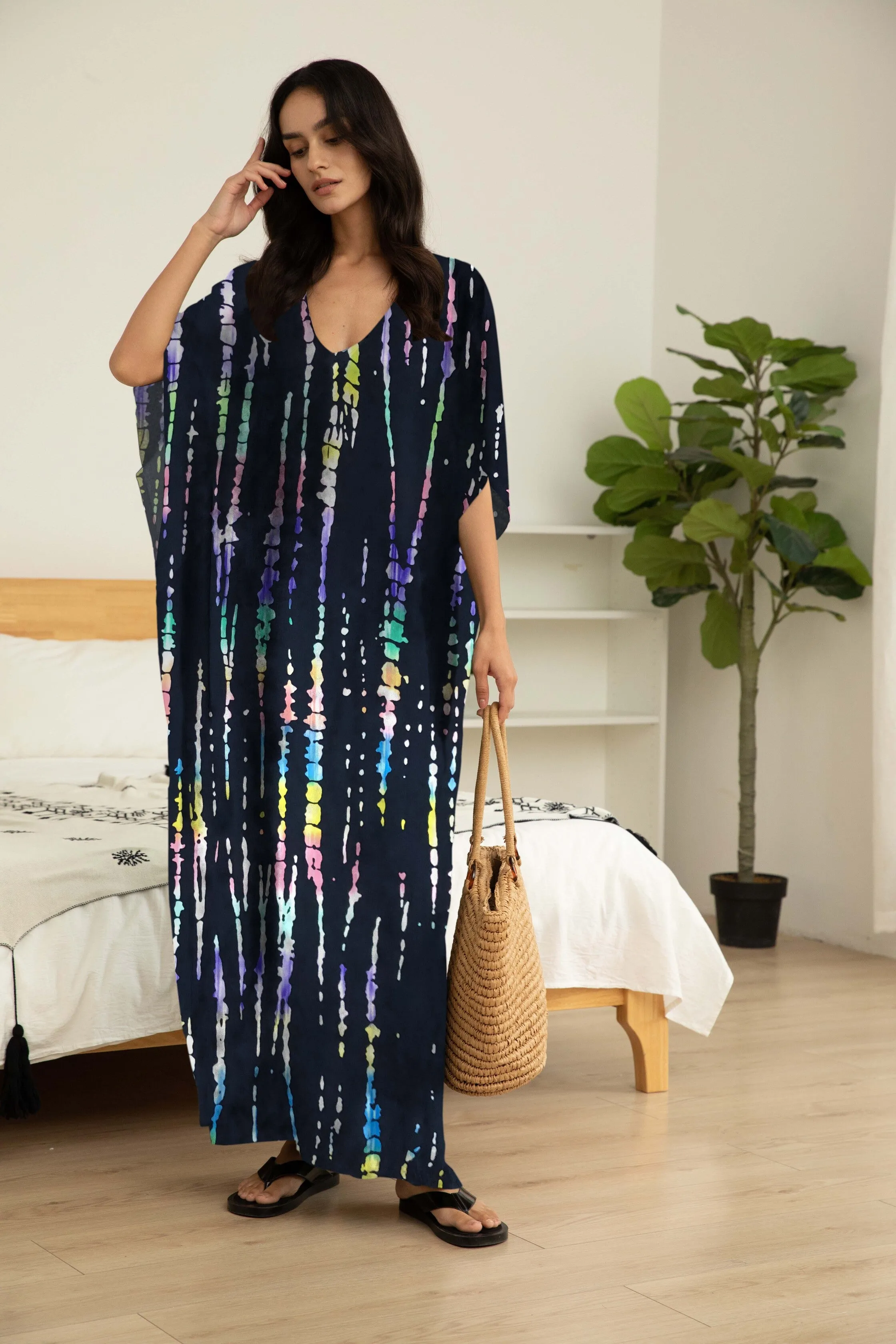 Plus Size Stripe Print V-Neck Beach Kaftan Cover-Up