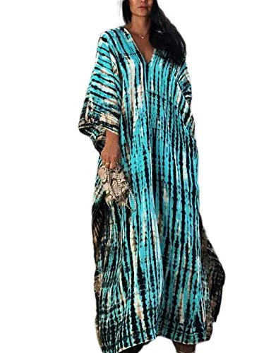 Plus Size Stripe Print V-Neck Beach Kaftan Cover-Up