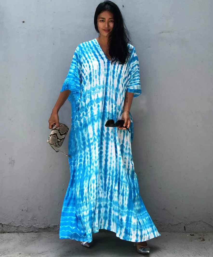 Plus Size Stripe Print V-Neck Beach Kaftan Cover-Up