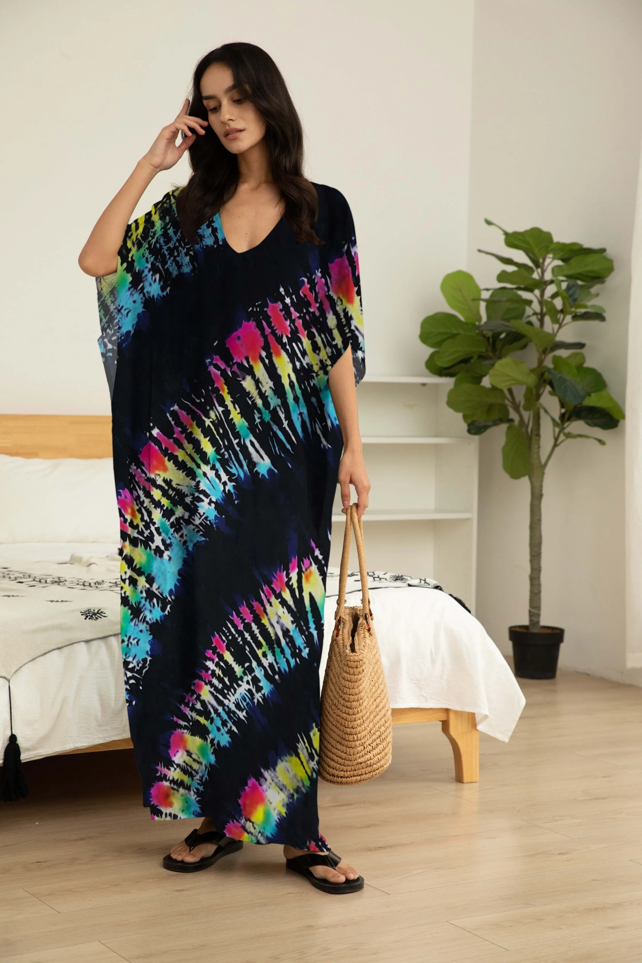 Plus Size Stripe Print V-Neck Beach Kaftan Cover-Up