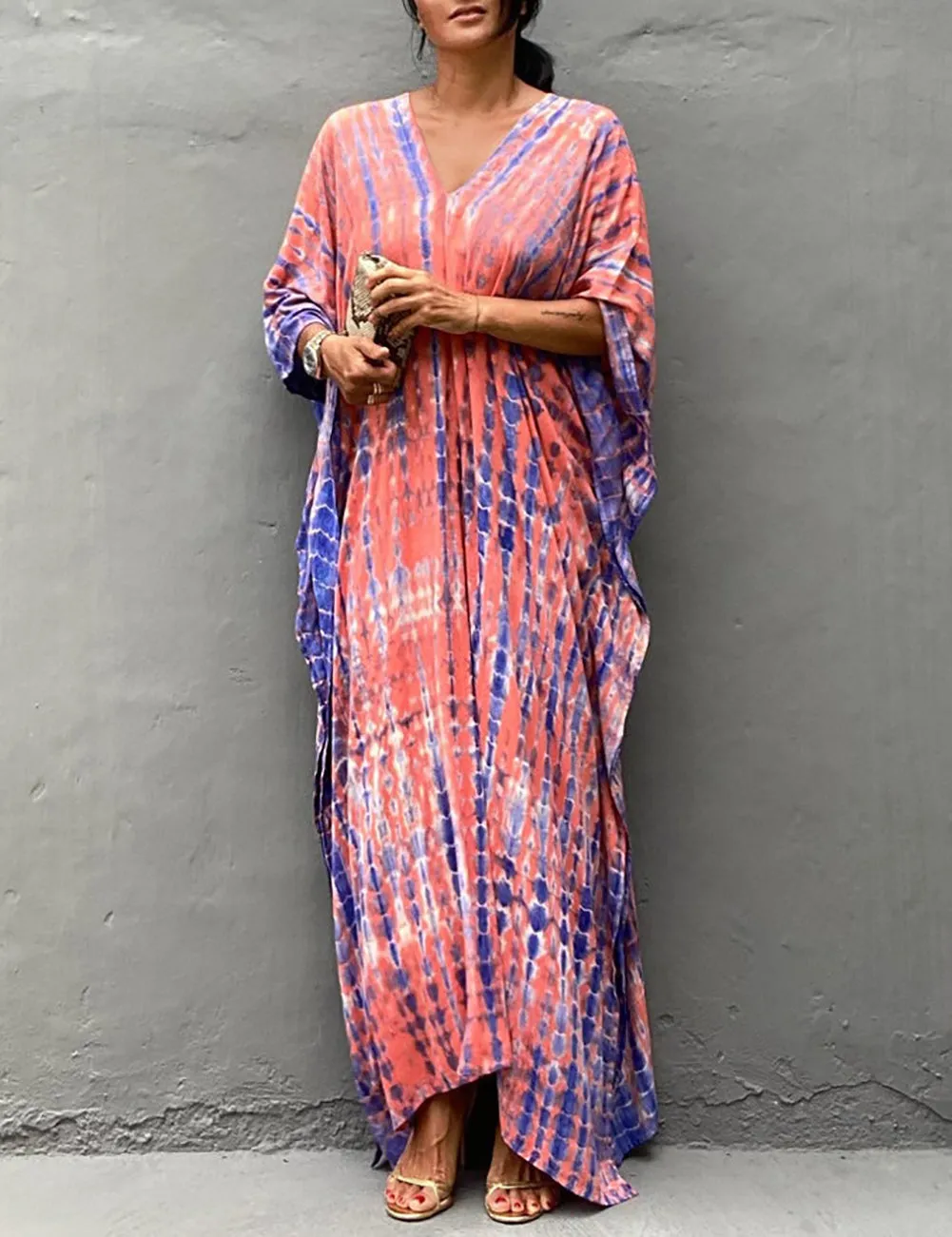 Plus Size Stripe Print V-Neck Beach Kaftan Cover-Up